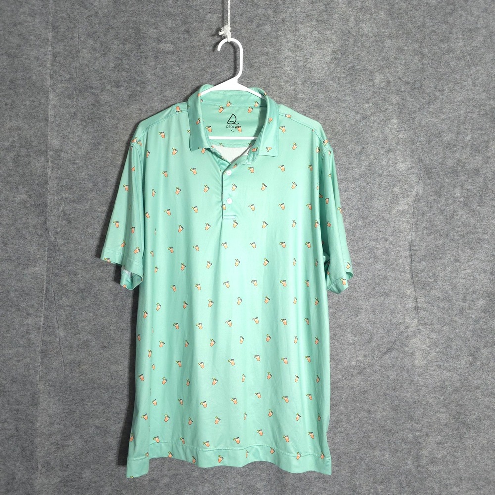 Deolax Cocktail Print Polo Men XL Mint Green Tropical Golf Shirt Stretch Slv